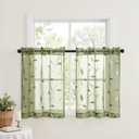 MIULEE Sage Green Sheer Curtains 2 Panels Leaf Patterned, W30 x L30 | Embroidered Floral Semi Sheer,Rod Pocket,Faux Linen,Short Window Curtains Drapes Set for Kitchen/Bathroom/Cafe