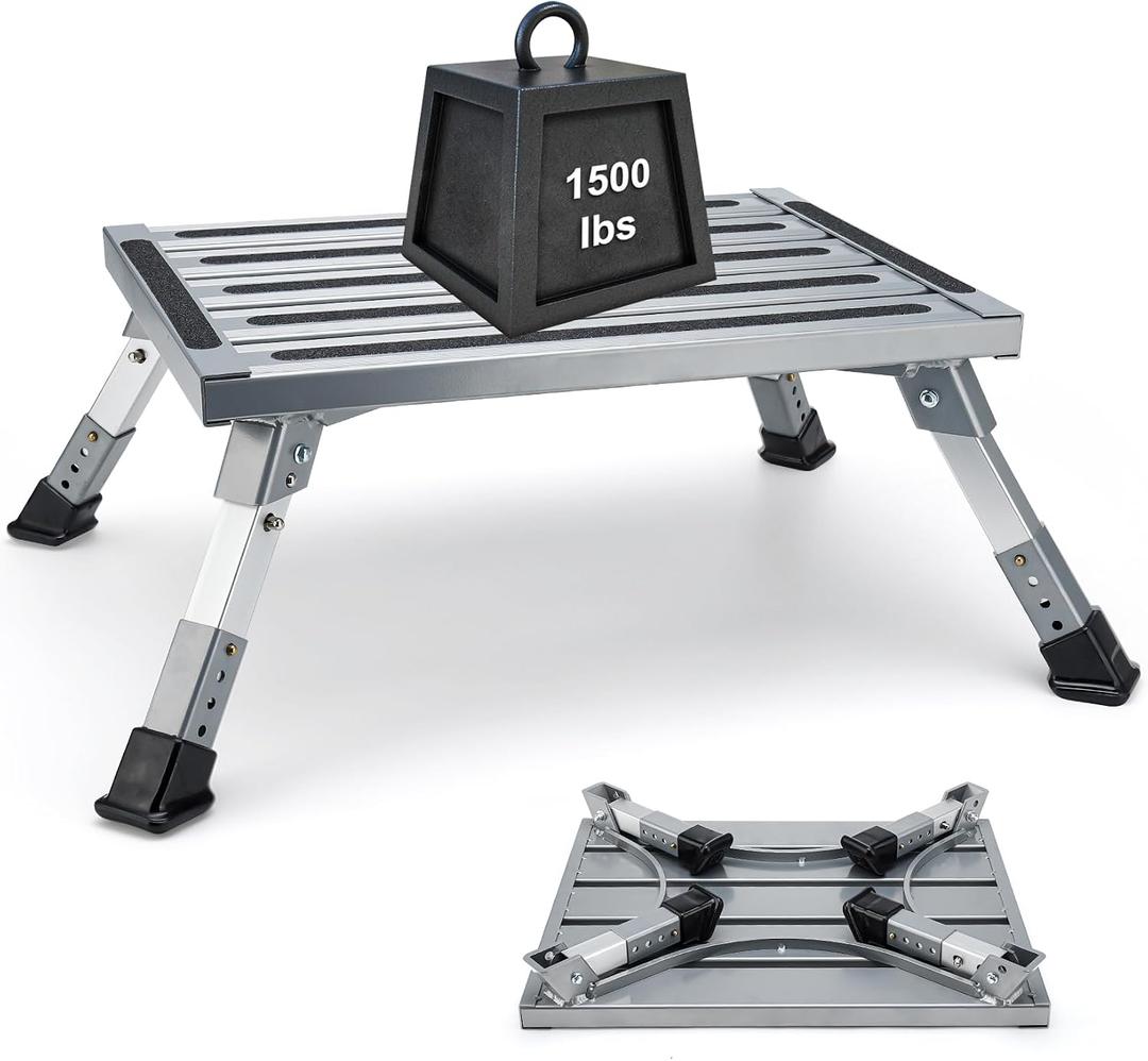 Extra Large RV Step Stool, 19" x 14.5" RV Step, Aluminum RV Step 4-Level Height Adjustable, Camper Foldable Step Supports Up to 1500 lbs with Non-Slip Strip for Travel Trailer.