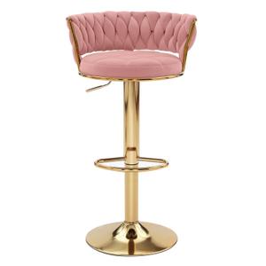VECELO Bar Stool, Adjustable Barstools Counter Height Stools with Back and Arm, Velvet Woven Kitchen Island Stools w/Gold Metal Leg Base, 360 Swivel Bar Chair, Pink