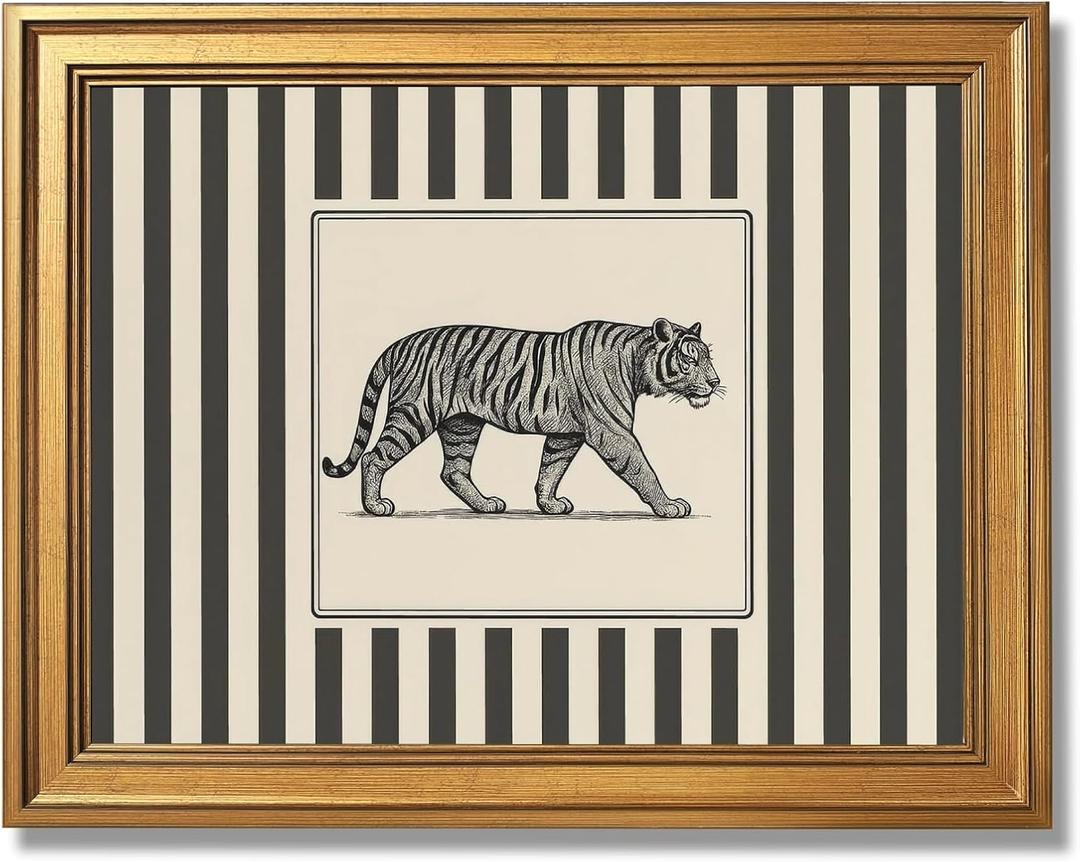 Gold Framed Vintage Tiger Wall Art Black and White Striped Wild Animal Poster Retro Jungle Big Cat Wildlife Canvas Print Botanical Safari Minimalist Exotic Artwork for Home Office Decor 16x24inch