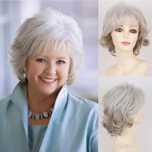 Short Grey Wigs for White Women Natural Curly Short Layered Silver Gray Pixie Cut Wigs with White Bangs Synthetic Hair Silver WIG for Older Women
