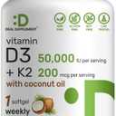 DEAL SUPPLEMENT Vitamin D3 50,000 IU + K2 MK7 200mcg Softgels, 240 Count | 2-in-1 Complex with Virgin Coconut Oil | Supports Heart, Bone, Teeth & Immune Health | Easy to Swallow