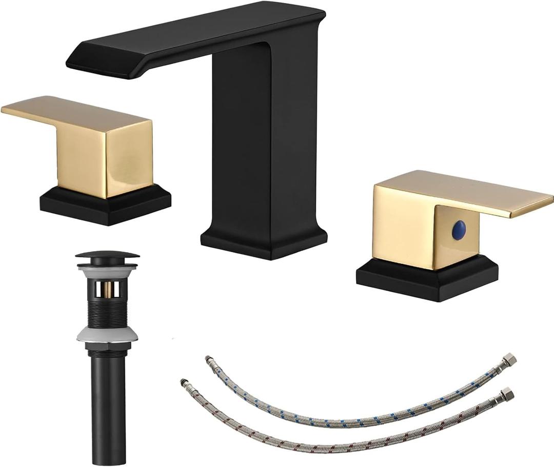 Widespread Bathroom Faucet Waterfall Gold and Black Bathroom Sink Faucet 3 Hole 2 Handle Modern Lavatory Basin Tap with Pop Up Drain