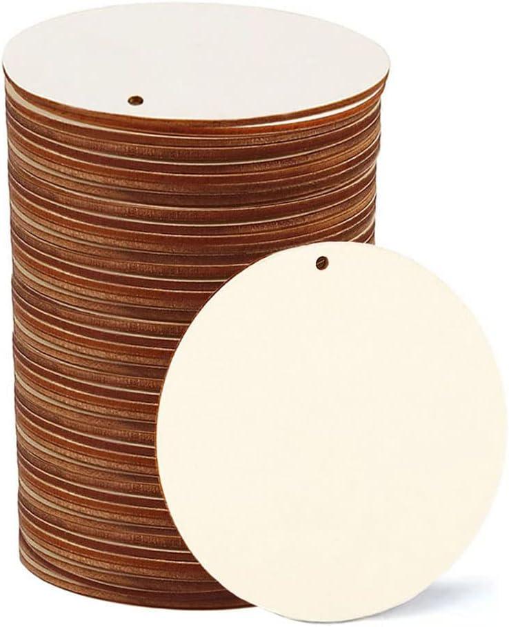 50 Pcs 3 inch Unfinished Wooden Round Circles with Holes, Blank Wood Circles Ornaments Hanging Tags for DIY Crafts, Party, Christmas, Home Decorations