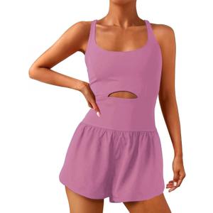 Wenlia Women Workout Romper Onesie with Padded Bras Sleeveless One Piece Outfits Shorts Athletics Running Jumpsuit Clothes (Medium, Rose Red)