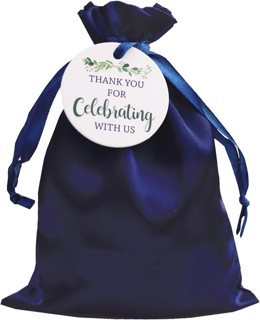 GUIFIER 30 PCS 5x7 Inch Navy Blue Satin Gift Bags with Drawstrings, Party Favor Bags with Thank You Tags, Silk Gift Bags, Small Gift Wrap Bags, Jewellery Drawstring Pouches, Baby Shower Candy Bag