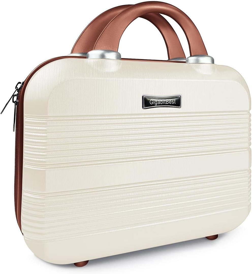 14" Portable Hard Shell Makeup Travel Case - Stylish PC+ABS Cosmetic Organizer for Women - Scratch-Resistant, Elastic Strap, Mini Suitcase - Perfect for Romantic GiftsLight Brown