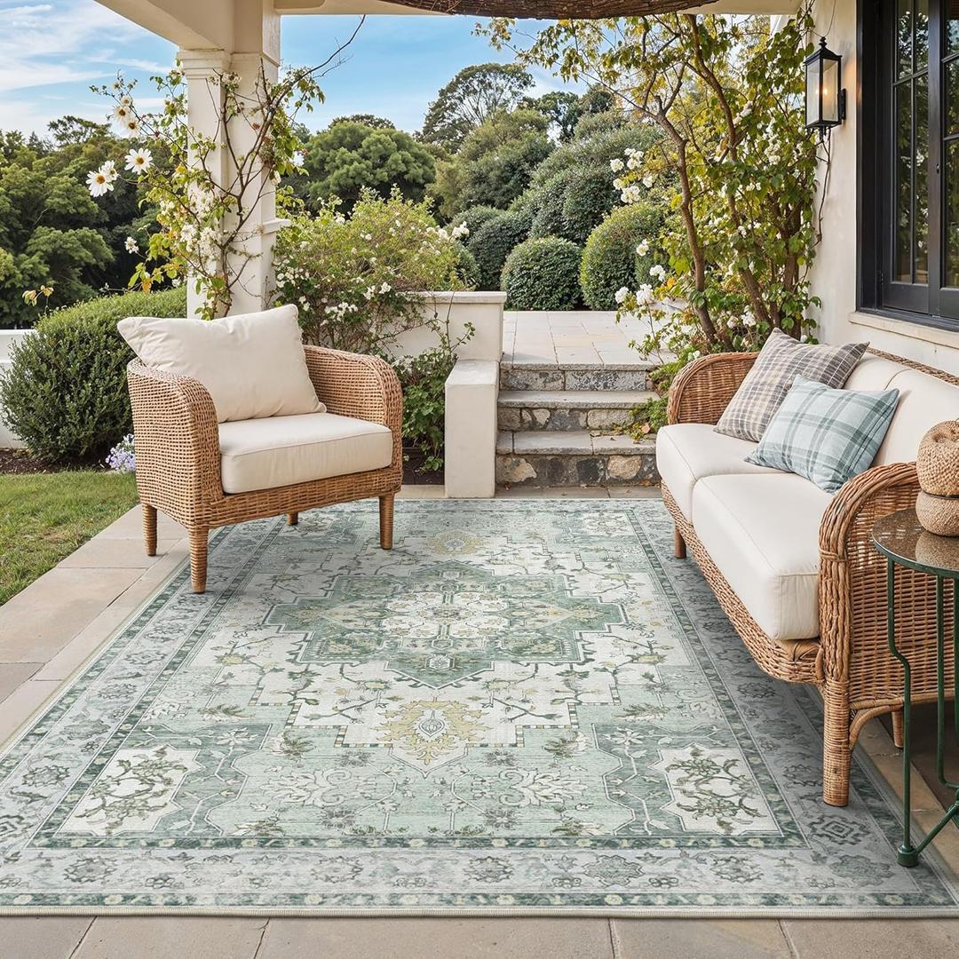 GENIMO Outdoor & Indoor Area Rug 6'x9', Waterproof, Non-Shedding, Easy Cleaning, Boho Mat for Patio, Living Room, Balcony, Dining Room, RV, Deck, Bedroom, Camping, Outside Carpet, Light Green