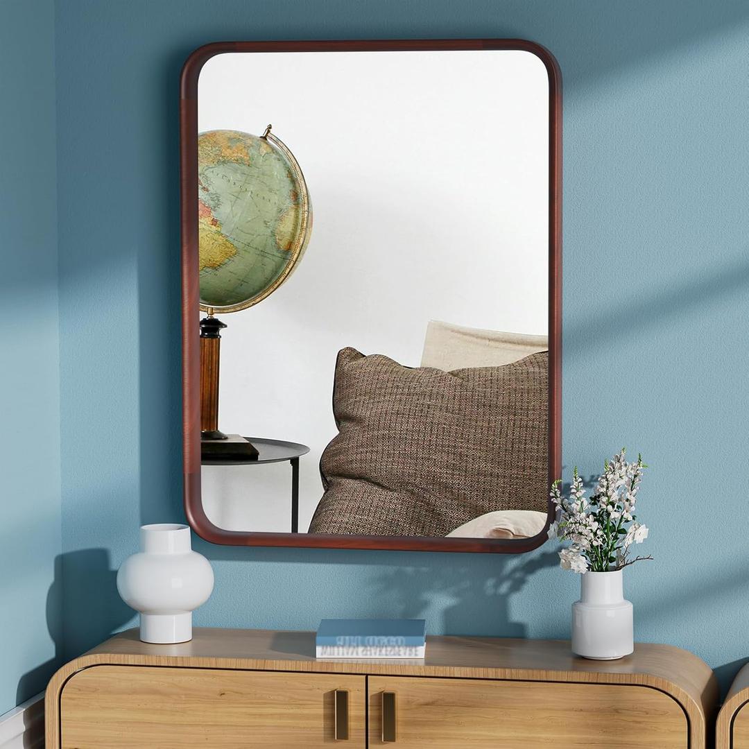 24"x 32" Wood Mirror, Rectangle Wood Wall Mirror, Deep Frame Vanity Mirror for Wall, Rounded Corner Farmhouse Rustic Decorative Mirror for Bathroom Bedroom Livingroom Entryway Walnut Color