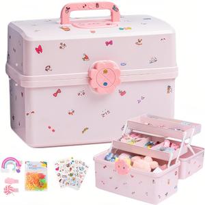 SEAHOME Hair Accessories Organizer for Girls Headbands, Clips, Ties Baby Girl Supplies, Lockable Three-layer Folding Craft Organizers and Storage Plastic Jewelry Box, 11.4x6.3x6.3in