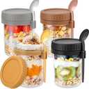 DRKIO 4 Pack Overnight Oats Containers with Lids and Spoons 16 Oz Glass Mason Jars for Overnight Oats Jars Leak Proof Oatmeal Container Great for Cereal Fruit Vegetable Milk Salad Yogurt Meal Prep (Deep Colors)