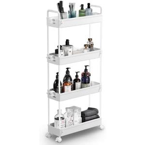 SOLEJAZZ Slim Rolling Storage Cart with Wheels 4 Tier Skinny Bathroom Storage Organizer Narrow Shelf Unit Thin Laundry Room Utility Cart for Bedside Kitchen Office Next to Fridge Small Places, White