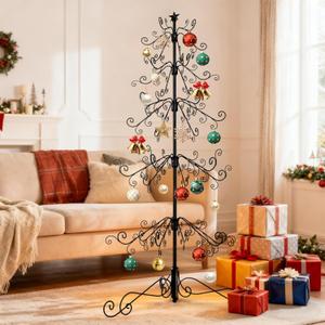 Metal Christmas Tree, 76inch Christmas Ornament Display Stand with 144 Christmas Ornament Hooks, Wire Christmas Tree Black