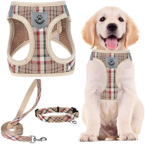 PUPTECK Adjustable Dog Harness Collar and Leash Set Step in No Pull Pet Harness for Small Medium Dogs Puppy and Cats Outdoor Walking Running, Soft Mesh Padded Reflective Vest Harnesses, Khaki S
