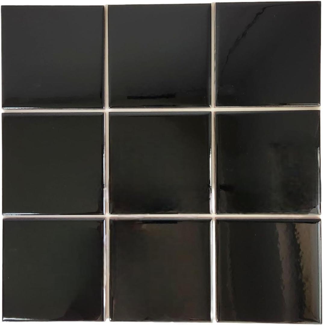 DYARI 4x4 Inch Solid Color Ceramic Wall Tiles High Gloss Finish Square Tiles for Kitchen Backsplash, Bathroom & Shower Vibrant Colors (Black, 9 Tiles (1 Sq Ft))