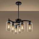 CNRATYE 6-Light Modern Farmhouse Black Chandelier, Contemporary Dining Room Light Fixture, Adjustable Height Hanging Industrial Pendant Lights Kitchen Island, Clear Glass Shade