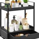2-Tier Bathroom Organizer Countertop with Drawer, Wood Counter Shelf for Storage, Vanity Tray for Organization and Decor, Countertop Organizer for Bathroom, Kitchen, Office (Black)