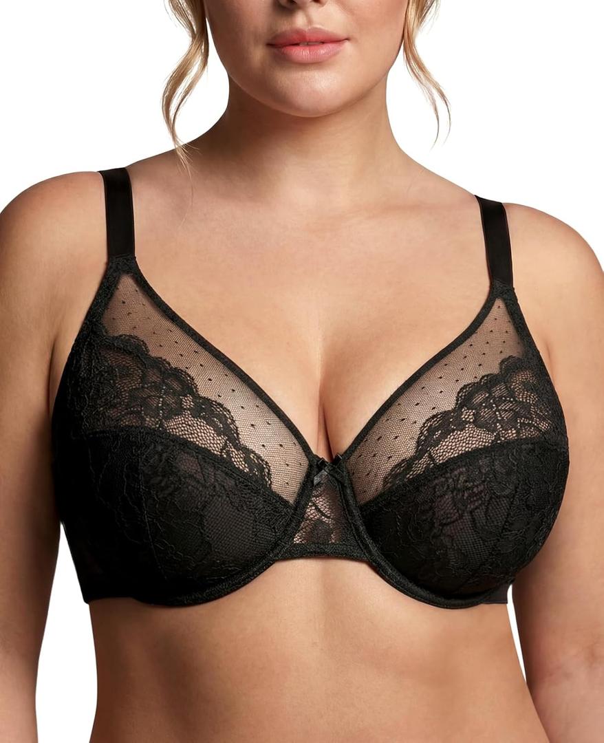 Women's Minimizer Bras Ultra-Thin Unlined Plus Size Lace Bra Underwire Full Coverage Lifting Bra for Large Breasts Black (Black, 369G)
