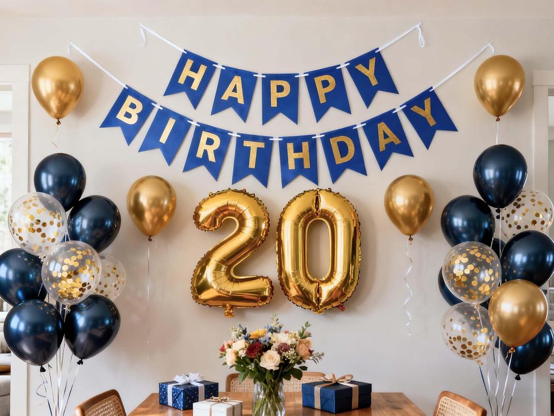 20th Birthday Party Decorations for Men, Navy Blue Gold Happy 20th Birthday Banner Number 20 Foil Balloons Metallic Latex Confetti Balloons for Men Him 20 Years Old Birthday Decoration (20th)