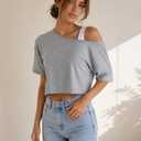 JDEEO Women's One Shoulder Crop Top Short Sleeve Summer Casual Tee Asymmetrical Off Shoulder Tops for Beach Vacation Grey Large (Gray)