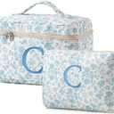 HBselect 2Pcs Blueflower Initial Makeup Bag Personalized Quilted Cosmetic Bag, Style: C