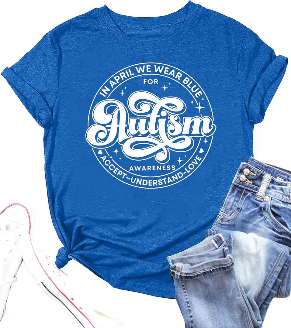 Autism Awareness Shirt for Women: in April We Wear Blue Shirts Mental Health Tee Inspirational Short Sleeve Tee Tops (Blue, S)