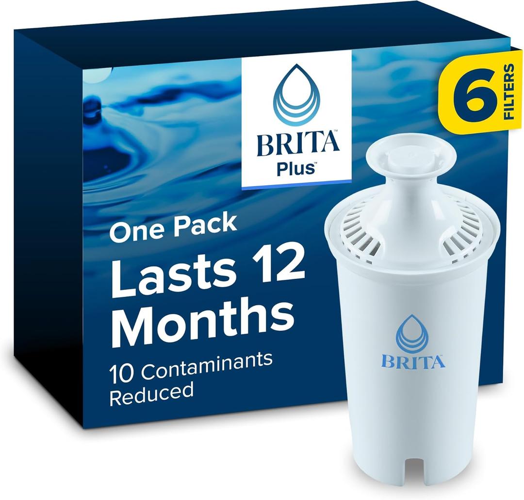 Brita Plus Water Filter, BPA-Free, High-Density Replacement Filter for Pitchers and Dispensers, Reduces 2x Contaminants*, Lasts Two Months or 40 Gallons, Includes 6 Filters