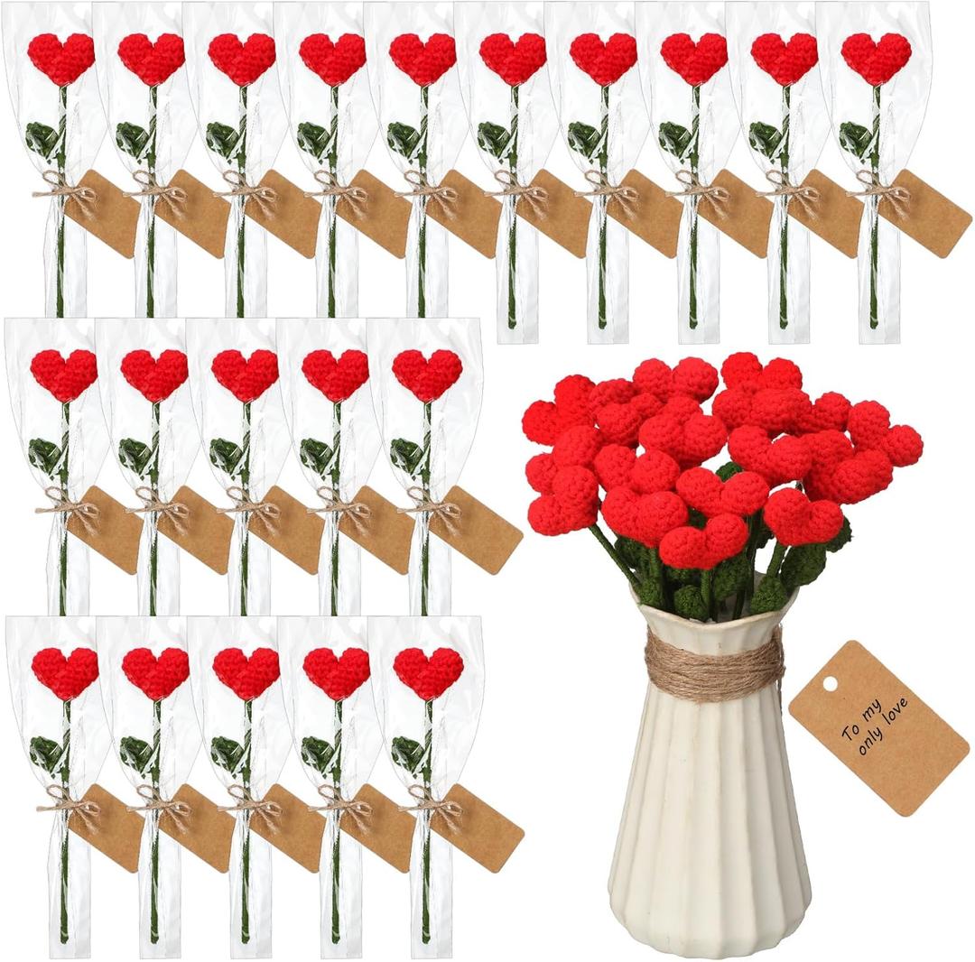 20 Pcs Valentine's Day Crochet Heart Flower Bouquet Handmade Knitted Flowers Bulk with Cards Red Valentine Crochet Flower for Arrangements Floral Bouquet Crafts Decorations Gift for Women Girlfriend
