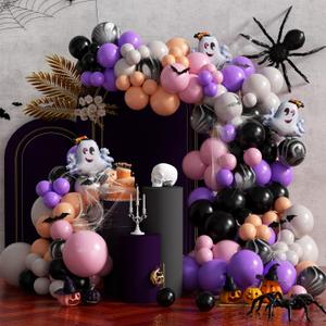 Pink Halloween Balloon Arch Kit,160 Pcs Purple Balloons with Cute Ghost Balloons,Happy Halloween Banner and Bat Wall Stickers,Ghost Balloon Arch Party Decorations for Girls Costume House