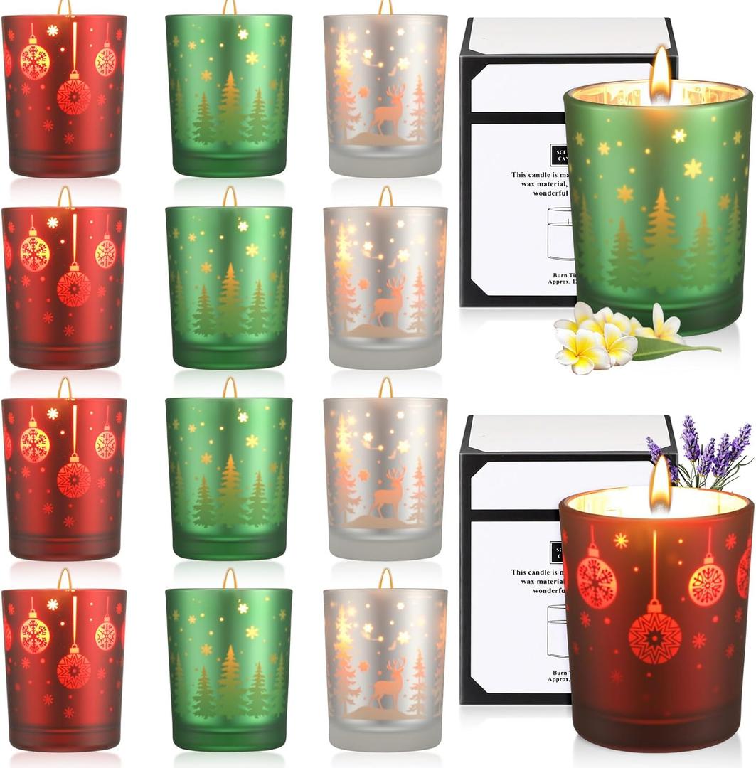 Nuanchu 12 Pcs Christmas Scented Candles Gift Set 12 Fragrances Aromatherapy Long Lasting Christmas Jar Candles Soy Wax Gift for Mom Women Men Xmas Holiday Birthday Supplies(Classic)