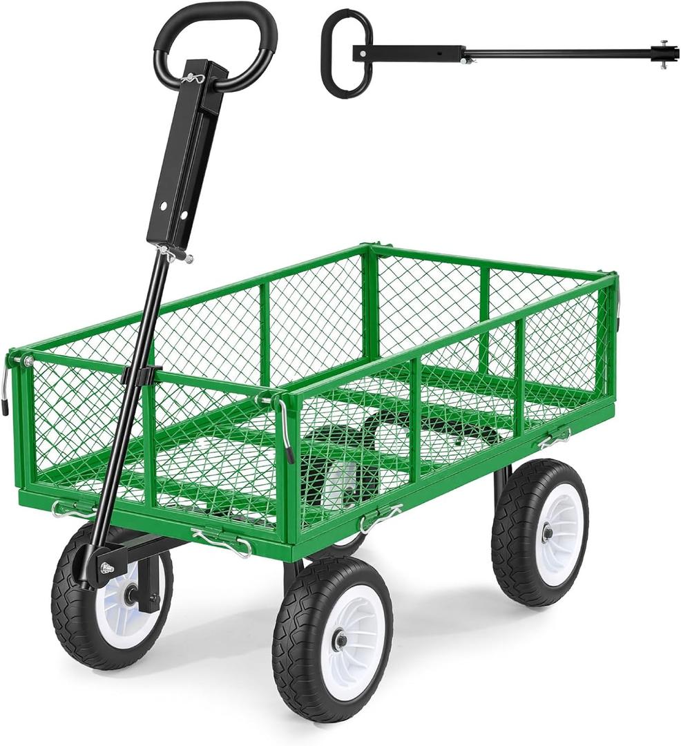 VEVOR Garden Cart, 900 LBS, Heavy Duty Steel Yard and Garden Utility Wagon with 10-Inch Tires, Outdoor Gardening Stool with Adjustable Handle, Detachable Side Panels, Attach to ATV or Tractor, Green
