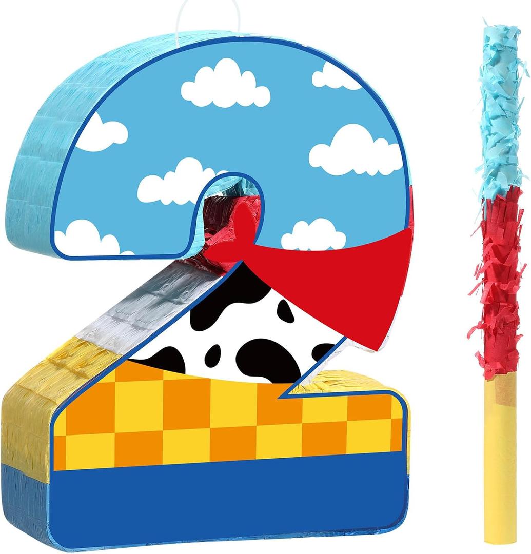 Hungdao Toy Inspired Birthday Piñata for Kids Cartoon Cow Number Piñata Decorations Summer Cartoon Game with Stick Red Scarf Blue Sky Cloud Boys Girls Baby Shower Farm Party Favor (Number 2)