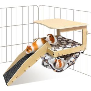 Guinea Pig HideoutNatural Wood Removable Guinea Pig Bed, Small Animal Habitat with Hanging Hammock/Staircase/Cushion, Suitable for Small Animals to Hide, Rest, Play