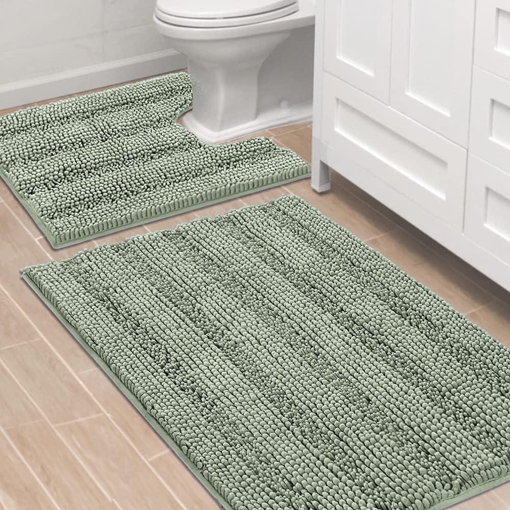 H.VERSAILTEX Bathroom Rugs Bath Rug Set 2 Piece Bathroom Contour Rug Toilet Mat Sets Non Slip Contour Bath Rug Ultra Thick Water Absorbent Striped Bath Mats Washable(36" x 24" Plus 20" x 24" U, Sage)