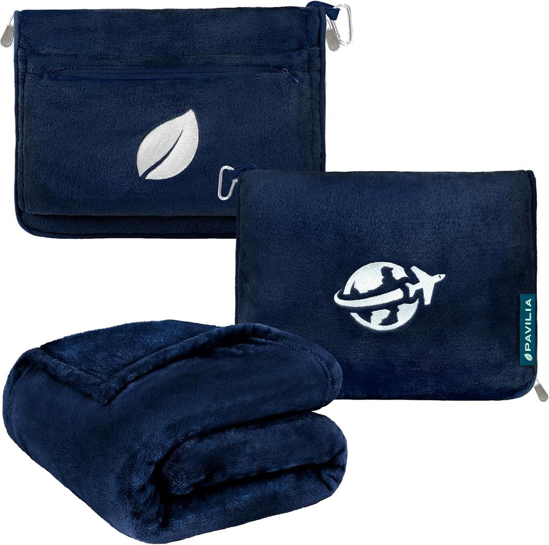 PAVILIA Travel Blanket and Pillow, Arms Opening Airplane Blankets for Adults, Compact Plane Blanket with Arm Hole 2-in-1 Bag for Flight Car Camping Fit in Luggage Backpack Traveler Gift, Navy Blue (65 x 40 inches)