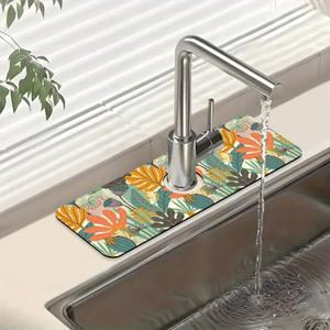 Abstract Leaves Sink Faucet Absorbing Mat Boho Leaves Super Absorbent Fast Drying Mat Sink Gadgets Behind Faucet Sinkmat for Kitchen Bathroom, 15.5"x5.5"