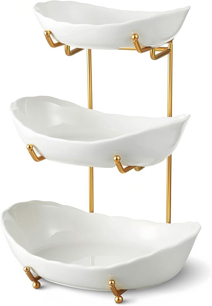 Ceramic Fruit Bowl for Kitchen Counter - 3 Tier Fruit Basket with Metal Stand, Tiered Fruit Stand for Countertop, Snack, Nuts, Cake, Dessert, Cute (Gold, Small) 1