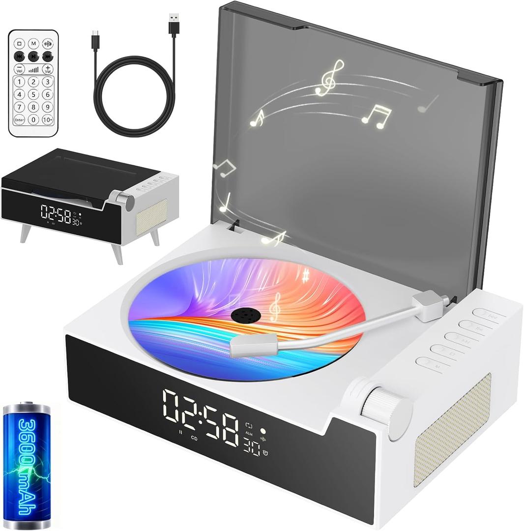 Portable CD Player for Home with Hi-Fi Dual Speakers, Bluetooth Transmitter and Receiver, FM Radio, LED Display, Timer, USB/AUX, Headphone Jack