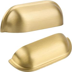 SALISENG-Brushed Matt Gold Kitchen Cabinet Drawer Cup Pulls 5 Pack, 2-1/2 inch Small Solid Brass Cup Knobs for Cupboard Wardrobe, Classic Dresser Vanity Door Handles, Furniture Hardware