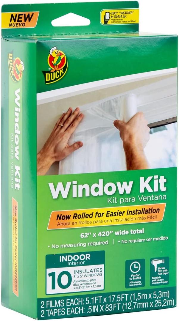 Duck Brand Window Insulation Kit - Winter Seal Kit Fits up to 10 Windows - Rolled Shrink Film Cuts to Size for Easy Indoor Installation - Tape Included - 62 In. by 420 In., Clear