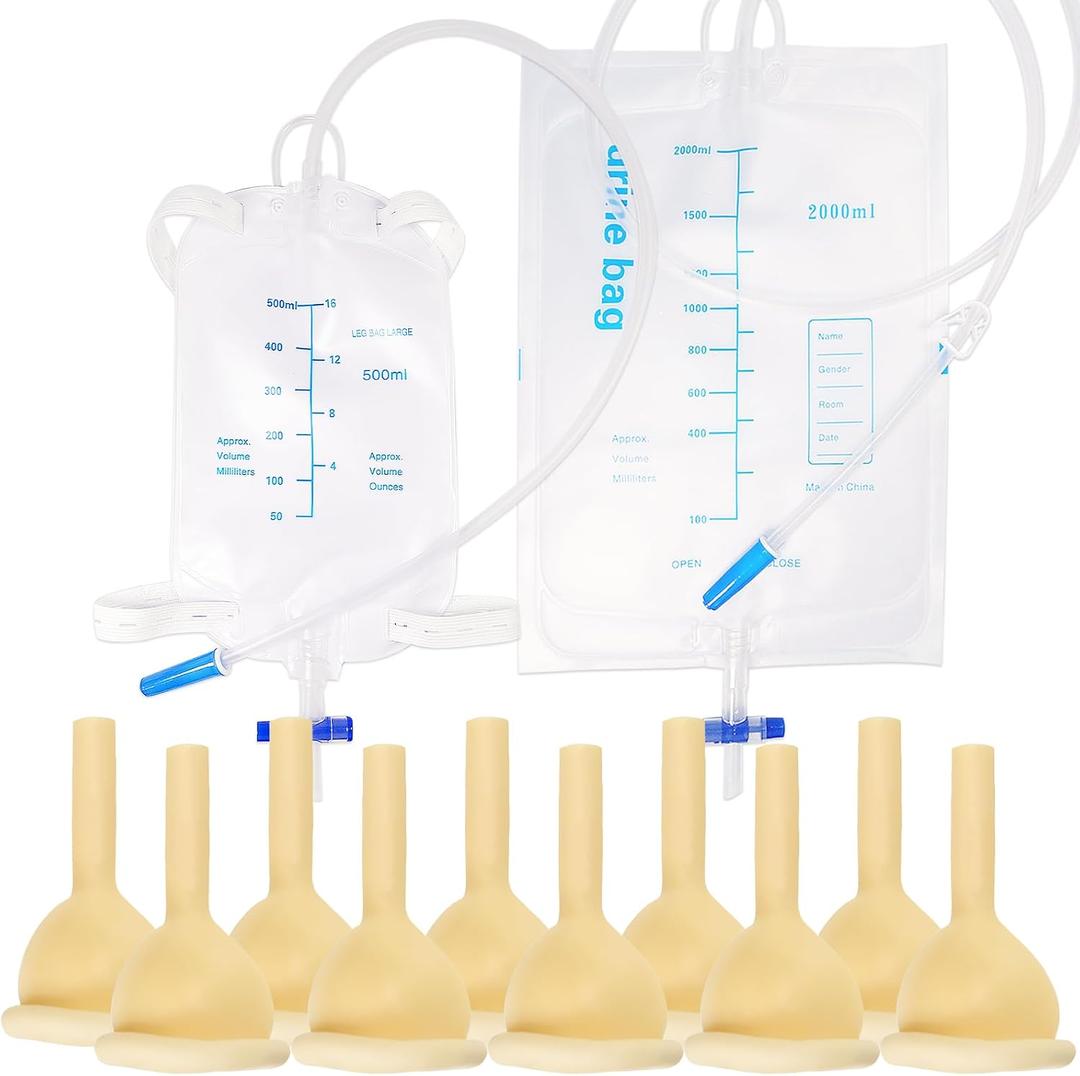 External Catheter for Men, 10pcs Condom Catheters External self Sealing Tape Set, 1pcs XL Catheter Leg Bag (500ml), 1pcs Extra Large Catheter Urine Bag (2000ml) (1.38inch/35mm)