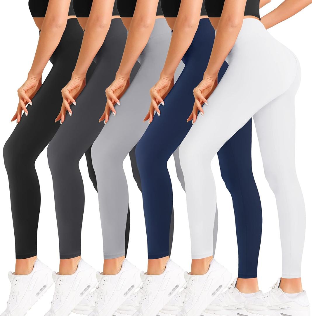 Natural Feelings Buttercloud High Waisted Leggings for Women Ultra Soft Stretch Slim Yoga Leggings (Small-Medium, 5 Pack - Black/Dark Gray/Light Gray/Navy Blue/White)