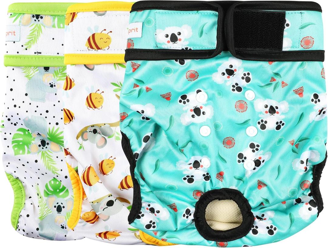 Langsprit Washable Female Dog Diapers (3 Pack) - No Leak Reusable Diapers for Doggy Female in Period - Highly Absorbent Dog Heat Panties with Adjustable Snaps (Koala, Small)