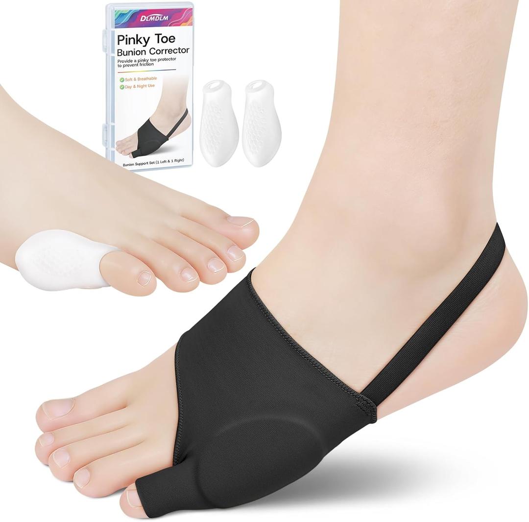 Tailors Bunion Corrector, 1 Pair Bunionette Sleeves with Built-in Gel Pads Cover Guard for Pinky Toe Pain Relief, Non-slip Strap, Soft and Breathable, Includes 2 Tailor's Bunion Corrector Pads (Black)