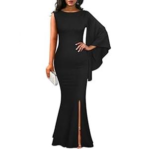 YMDUCH Women's Elegant One Bell Sleeve Side Split Long Paty Mermaid Formal Dress Black, S