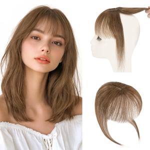 Hairro Bangs Hair Clip 3D 360Cover Clip On Bangs Remy Human Hair Topper With Bangs Fringe French Bangs With Temples Clip In Bangs Hair Extensions 8 Inches 10g #04 Medium Brown