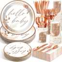 Dandat 350 Pcs Baby Shower Plates Set Baby Shower Party Supplies Serves 50 Tableware Sets Include Plates Napkin Cup Forks Knives Spoons Disposable Dinnerware(Boho Pampas Grass,Brown)