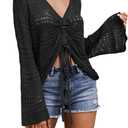 FERBIA Women Crochet Top Beach Cloth Drawstring Shirt Cover Up Oversized Sexy Beachwear Lace Up Tee Poncho, X-Large, Black