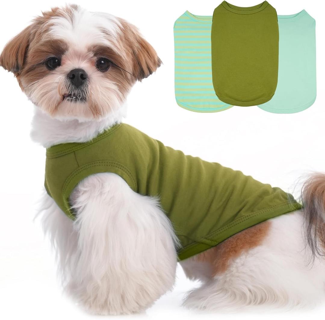 3 Pack Green Striped T Shirts for Small Dogs,Lightweight Sleeveless Dog Tee for Spring&Summer Keep Body Heat After Running,Breathable Plain Shirt for Holiday Party,Pomeranian( Green,S)