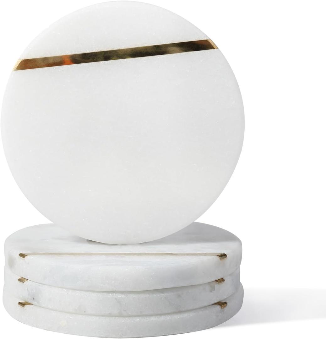 Koville Marble Coaster Set of 4, Round Coasters, 4" Stone Coaster for Drinks Coffee, White Marble with Gold Brass Coasters for Coffee Table Home Bar Decor, Heat Resistant, Gift Choice